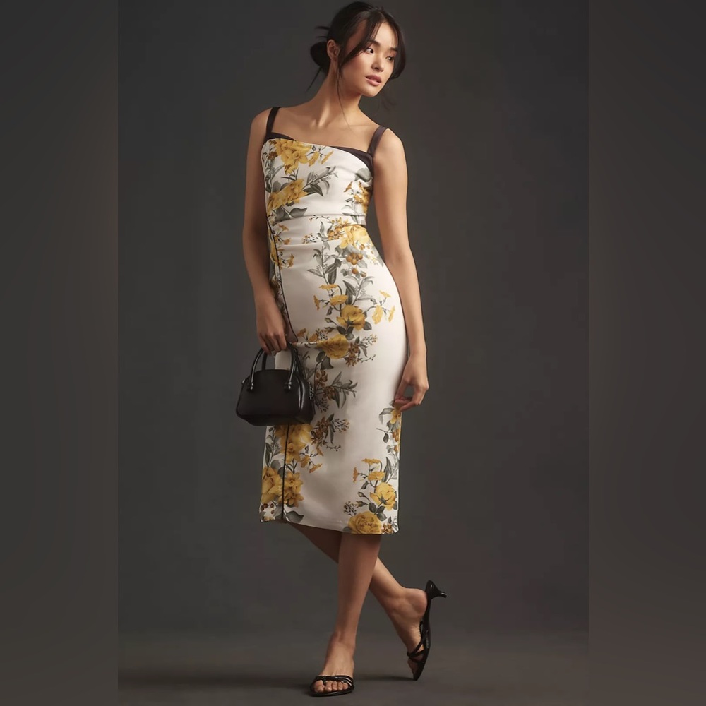 Anthropologie White Floral Midi Dress with Yellow Blooms